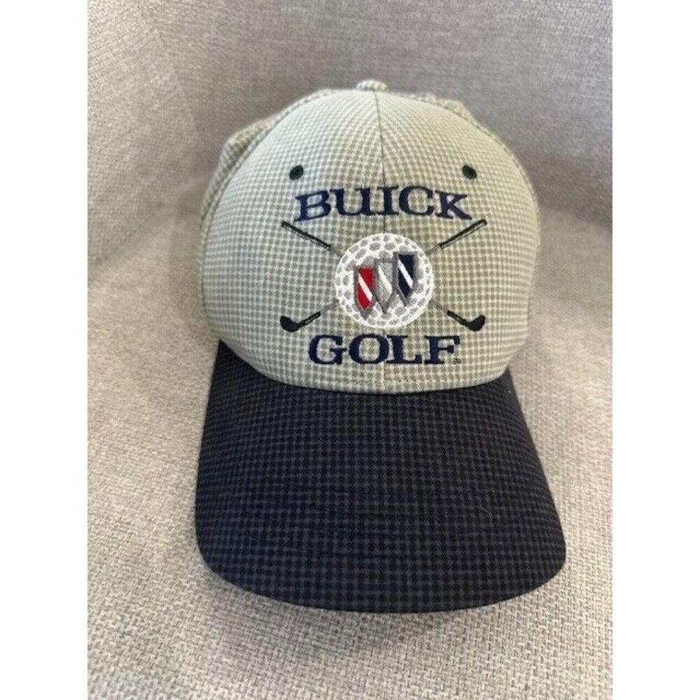 Buick Golf Leather Strap Back Hat VTG Plaid Check Grey Competition Headwear USA